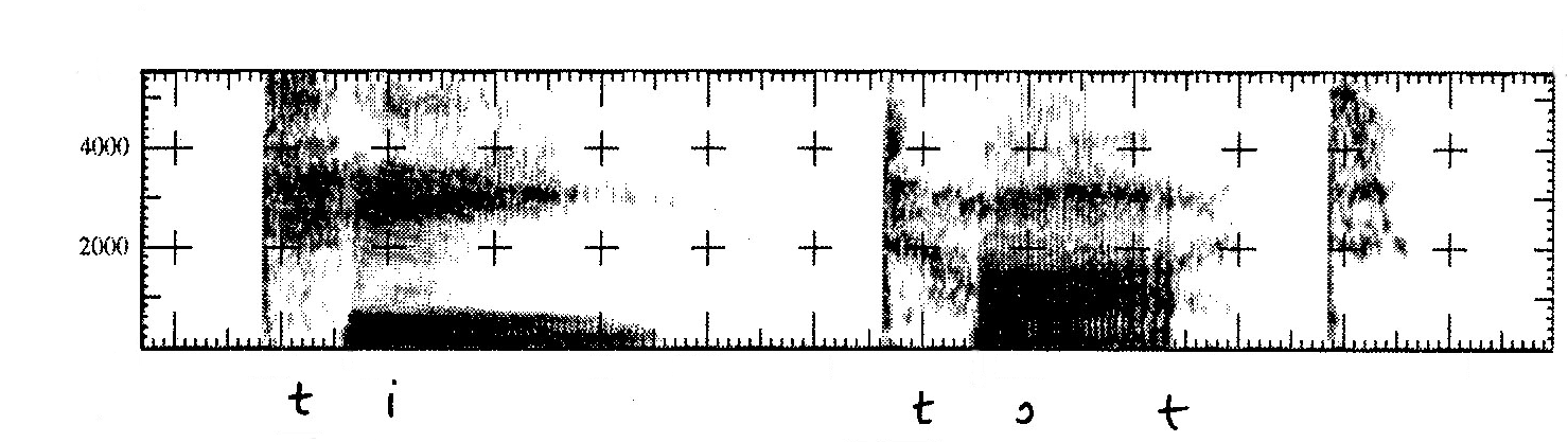 Spectrograms of "tea" (on left) and "taught" (on right)